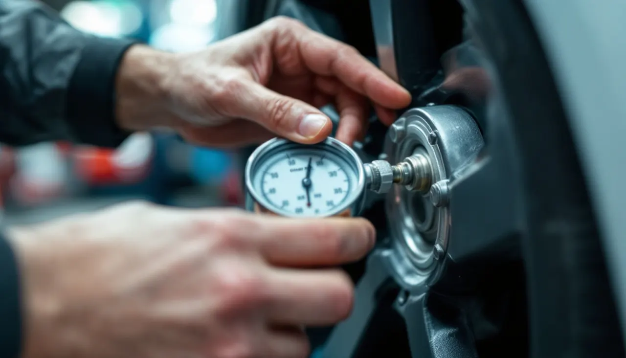 Hand mit digitalem Reifendruckprüfer am Ventil eines Autoreifens