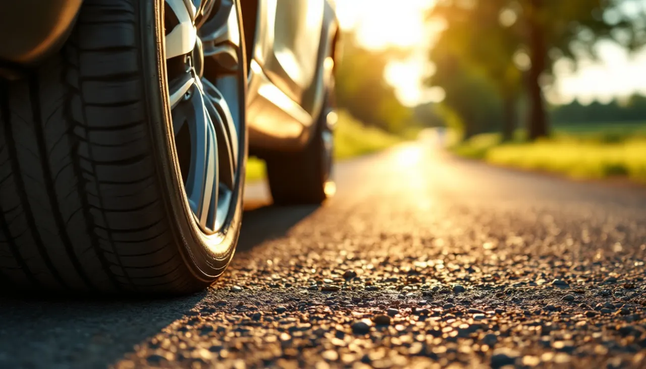 Nahaufnahme eines Sommerreifens mit breiten Längsrillen auf nassem Asphalt